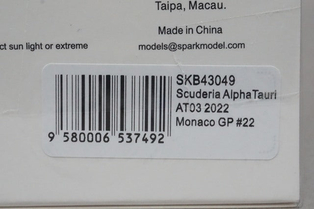 1:43 SPARK SKB43049 Scuderia AlphaTauri AT03 2022 Monaco GP Yuki Tsunoda #22