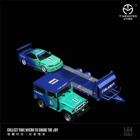 [ Pre-order ] TM645204-T TimeMicro 1:64 Toyota Nissan GTR34 / Land Cruiser FJ40 Falken Trailer Set