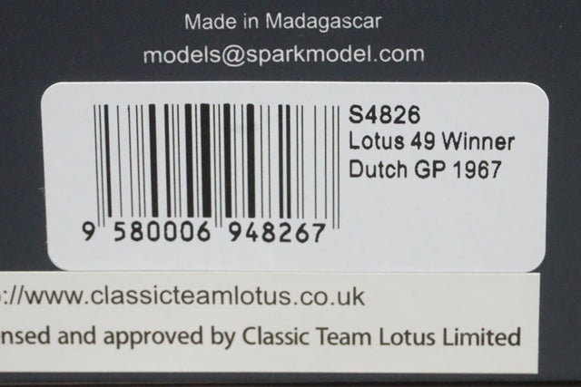 1:43 SPARK S4826 Lotus 49 Netherlands GP Winner 1967 #5 J.Clark