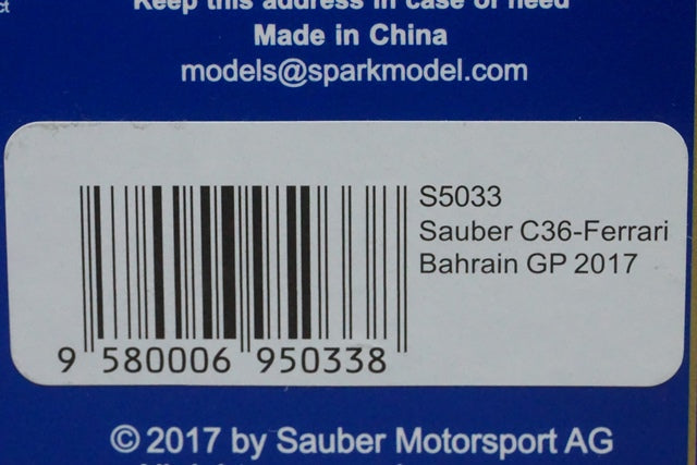 1:43 SPARK S5033 Sauber C36 Ferrari Bahrain GP 2017 #94 Pascal Wehrlein