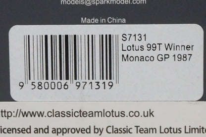 1:43 SPARK S7131 Lotus Honda 99T Monaco GP Winner 1987 #12 Ayrton Senna CAMEL