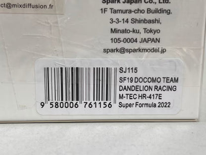1:43 Spark SJ115 Honda Docomo Dandelion M6Y SF19 M-TEC HR-417E Super Formula 2022 #6 Hiroki Otsu