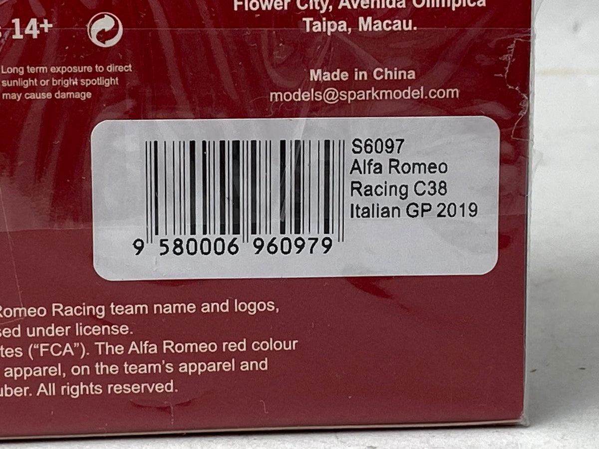 1:43 Spark S6097 Alfa Romeo Racing C38 #7 K. Raikkonen, Italian GP 2019