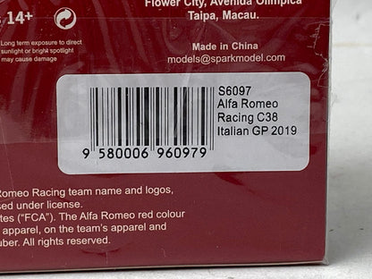 1:43 Spark S6097 Alfa Romeo Racing C38 #7 K. Raikkonen, Italian GP 2019
