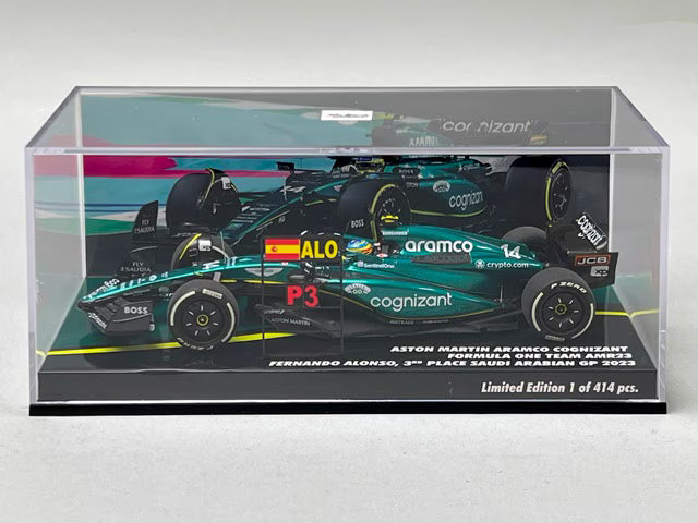 1:43 MINICHAMPS 447230214 Paddock Custom Aston Martin Aramco Cognizant F1 Team AMR23 3rd Place Saudi Arabian GP 2023 #14 F. Alonso