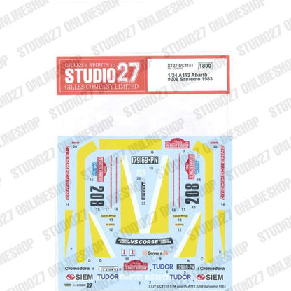 [ Back-order ] STUDIO27 DC1151 1:24 A112 Abarth #208 Sanremo 1983 for FUJIMI [Original Decals]