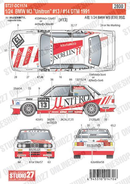 [ Back-order ] STUDIO27 DC1174 1:24 BMW M3 "Unitron" #13/#14 DTM 1991 for Aoshima No.11 [Original Decals]