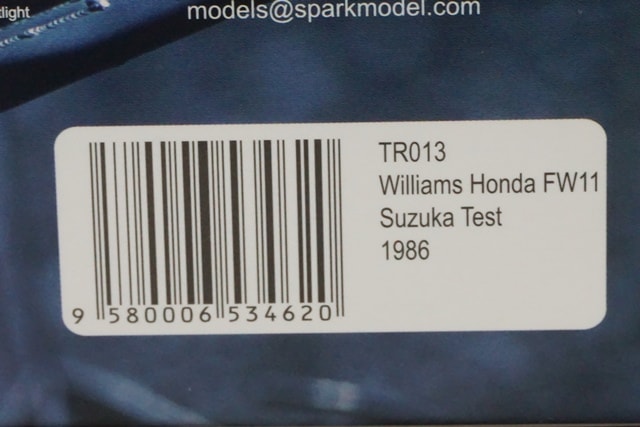 1:43 SPARK TR013 Williams Honda FW11 Engine Test 1986 Suzuka #5 Satoru Nakajima Forza Special Order