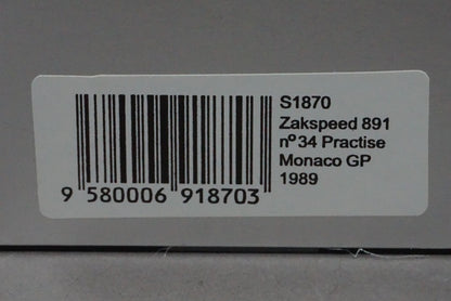 1:43 SPARK S1870 Zakspeed 891 Practice Monaco GP 1989 #34 West