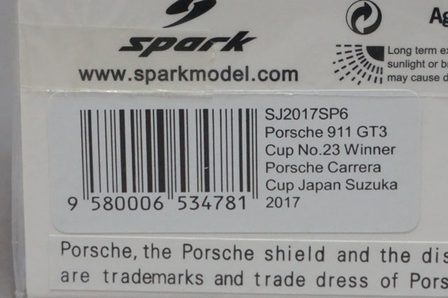 1:43 SPARK SJ2017SP6 911 GT3 Cup Win Porsche Carrera Cup Japan Suzuka 2017 #23