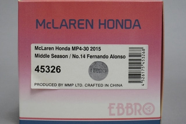 1:43 EBBRO 45326 Honda McLaren MP4-30 2015 Middle Season Fernando Alonso #14