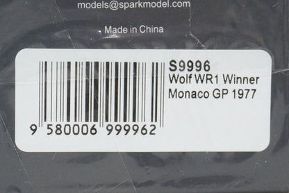 1:43 SPARK S9996 Wolf WR1 J.Scheckter Monaco GP 1977 Winner #20