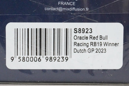 1:43 SPARK S8923 Oracle Red Bull Racing RB19 M.Verstappen Dutch GP 2023 Winner with pit board #1