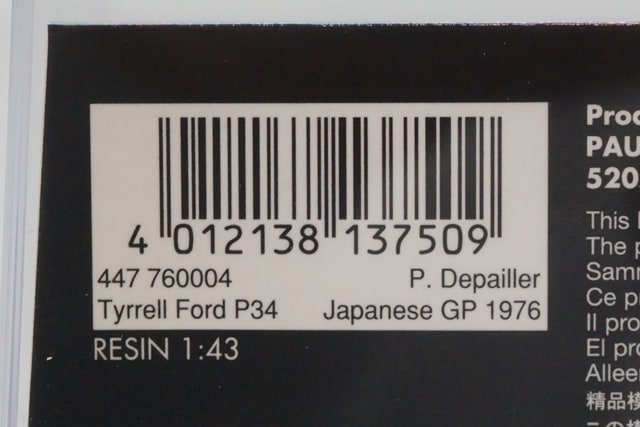 1:43 MINICHAMPS 447760004 Tyrrell Ford P34 Japan GP 1976 #4 P.Depailles