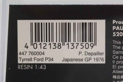 1:43 MINICHAMPS 447760004 Tyrrell Ford P34 Japan GP 1976 #4 P.Depailles