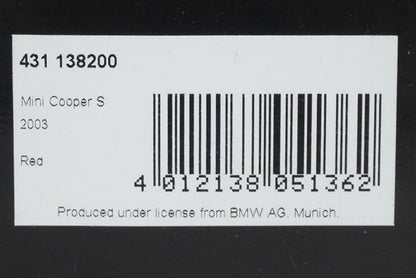 1:43 MINICHAMPS 431138200 BMW Mini Cooper S 2003 Red