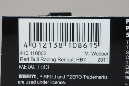 1:43 MINICHAMPS 410110002 Red Bull Racing Renault RB7 2011 #2 M.Webber model car