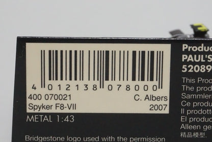 1:43 MINICHAMPS 400070021 Spyker F8-VII 2007 #21 C.Albers model car