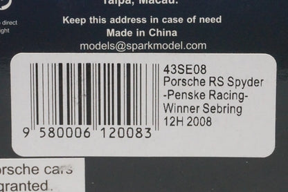 1:43 SPARK 43SE08 Porsche RS Spyder Penske Racing Sebring 12H Winner 2008 #7