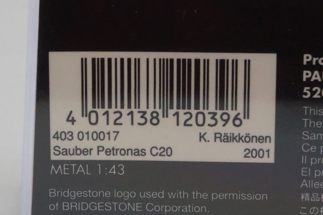 1:43 MINICHAMPS 403010017 Paddock Sauber Petronas C20 2001 #17 K.Raikkonen model car