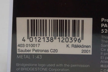 1:43 MINICHAMPS 403010017 Paddock Sauber Petronas C20 2001 #17 K.Raikkonen model car