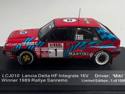 1:43 ixo LCJ010 Lancia Delta HF Integrale 16V Sanremo Rally 1989 #1 M. Biasion model car