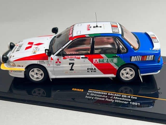 1:43 ixo KBI029 Mitsubishi Galant VR-4 Evo Ivory Coast Rally 1991 #7 Kenjiro Shinozuka J. Meadows model car