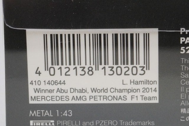 1:43 MINICHAMPS 410140644 Mercedes AMG Petronas F1 Team W05 Hybrid Abu Dhabi GP 2014 #44 L. Hamilton model car