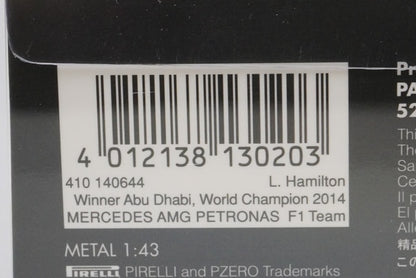 1:43 MINICHAMPS 410140644 Mercedes AMG Petronas F1 Team W05 Hybrid Abu Dhabi GP 2014 #44 L. Hamilton model car