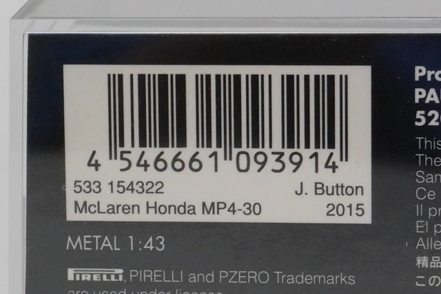 1:43 MINICHAMPS 533154322 Eurosport Custom McLaren Honda MP4-30 2015 #22 model car