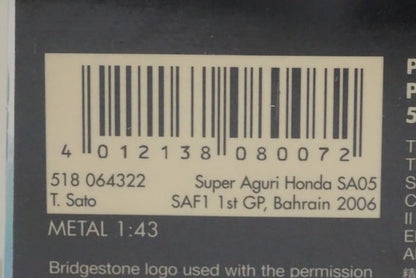 1:43 MINICHAMPS 518064322 Super Aguri Honda SA05 Bahrain GP 2006 #22 model car