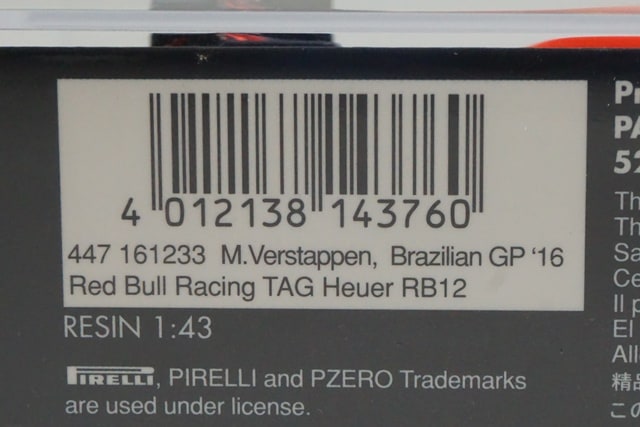 1:43 MINICHAMPS 447161233 Red Bull Racing TAG Heuer RB12 Brazilian GP 2016 #33 model car