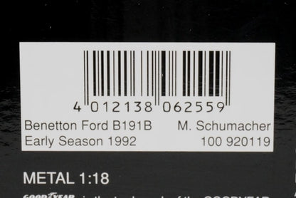 1:18 MINICHAMPS 100920119 Benetton Ford B191B Early Season 1992 #19 model car