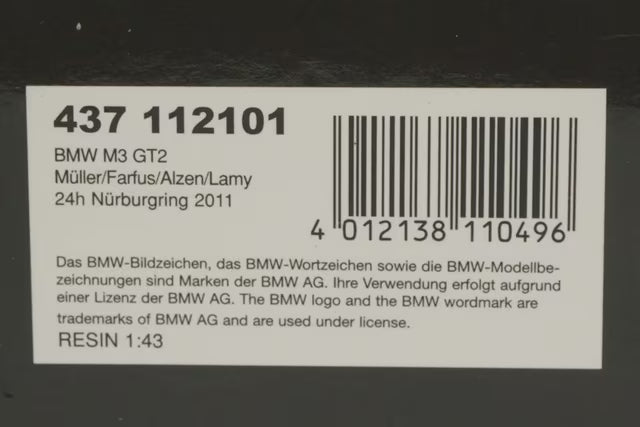 1:43 MINICHAMPS 437112101 BMW M3 GT2 Motorsport 24H Nürburgring ADAC 2011 #1