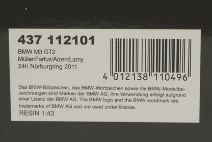 1:43 MINICHAMPS 437112101 BMW M3 GT2 Motorsport 24H Nürburgring ADAC 2011 #1