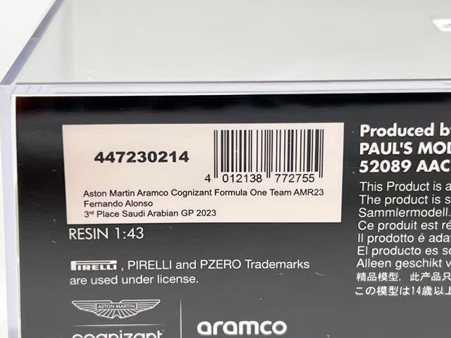 1:43 MINICHAMPS 447230214 Paddock Custom Aston Martin Aramco Cognizant F1 Team AMR23 3rd Place Saudi Arabian GP 2023 #14 F. Alonso