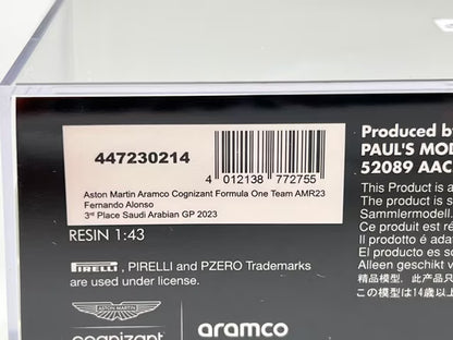 1:43 MINICHAMPS 447230214 Paddock Custom Aston Martin Aramco Cognizant F1 Team AMR23 3rd Place Saudi Arabian GP 2023 #14 F. Alonso