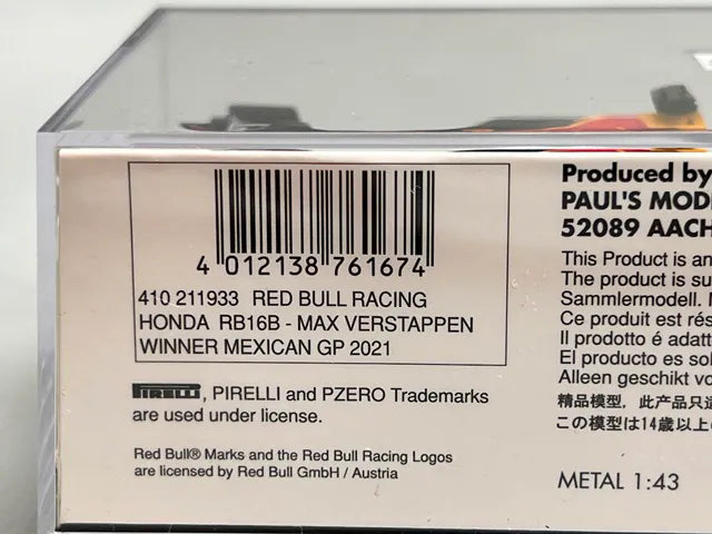 1:43 MINICHAMPS 410211933 Red Bull Racing Honda RB16B Mexican GP Winner 2021 #33 M. Verstappen
