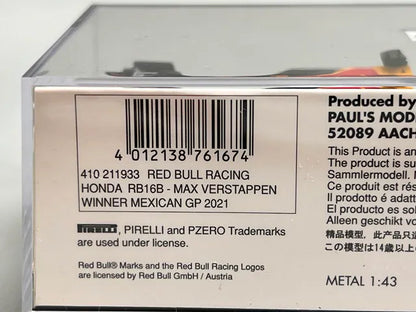 1:43 MINICHAMPS 410211933 Red Bull Racing Honda RB16B Mexican GP Winner 2021 #33 M. Verstappen