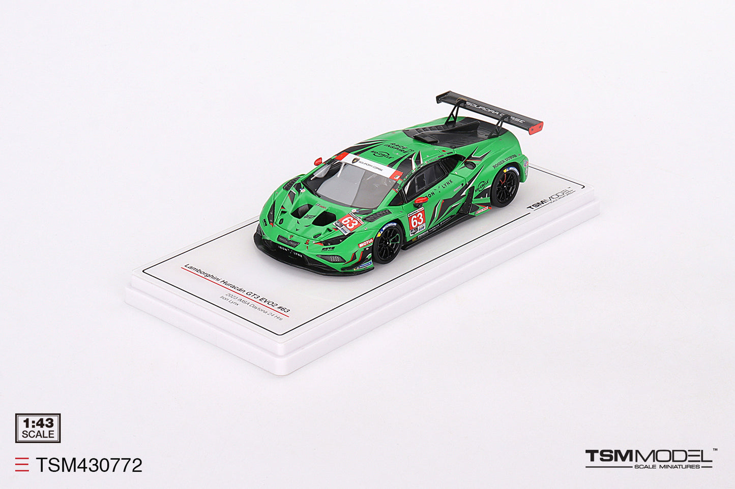 [ Back-order ] TSM TSM430772 1:43 Lamborghini Huracan GT3 EVO2 IMSA Daytona 2023 #63 Iron Lynx model car