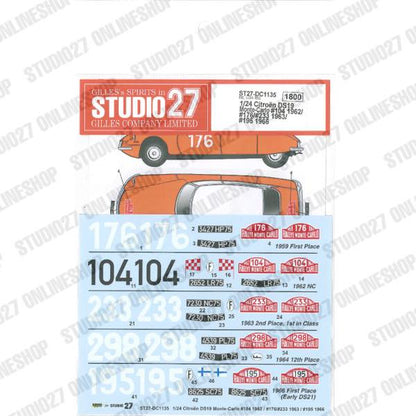 [ Back-order ] STUDIO27 DC1135 1:24 Citroen DS19 Monte-Carlo #104 1962/#176/#233 1963/#195 1966 for EBBRO25005 [Original Decals]
