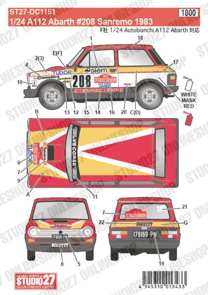 [ Back-order ] STUDIO27 DC1151 1:24 A112 Abarth #208 Sanremo 1983 for FUJIMI [Original Decals]