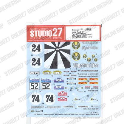 [ Back-order ] STUDIO27 DC1153 1:24 Golf GTi "Jagermeister" #24 Hessen Rally 1975/#52 RAC 1975/#74 Monte-Carlo 1976 forRevell07005/07072 [Original Decals]