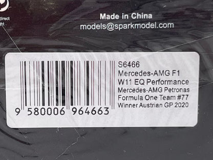 1:43 SPARK S6466 Mercedes AMG F1 W11 EQ Performance Austrian GP winner 2020 #77 Valtteri Bottas