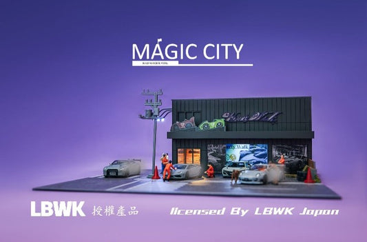 110035 Magic City 1:64 [30x40x17cm] LB LBWK Diorama Garage with LED lights *Figures and minicars are not included.