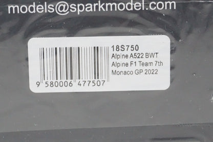 1:18 SPARK 18S750 Alpine A522 BWT Alpine F1 Team Monaco GP 2022 F.Alonso #1