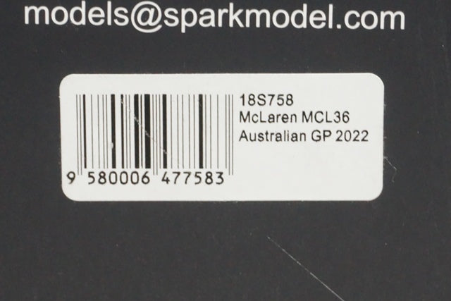 1:18 SPARK 18S758 McLaren MCL36 Australian GP 2022 #3