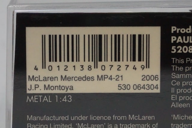 1:43 MINICHAMPS 530064304 McLaren Mercedes MP4-21 2006 #4 J.P. Montoya