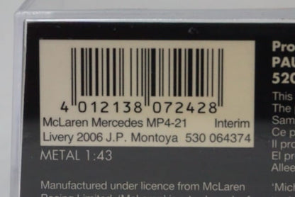 1:43 MINICHAMPS 530064374 McLaren Mercedes MP4-21 INTERIM LIVERY '6 #4 Montoya