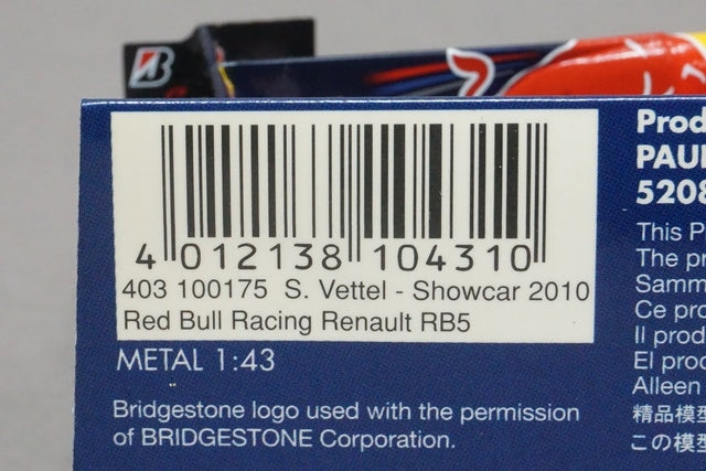 1:43 MINICHAMPS 403100175 Red Bull Racing F1 Team Show Car 2010 #5 S.Vettel model car